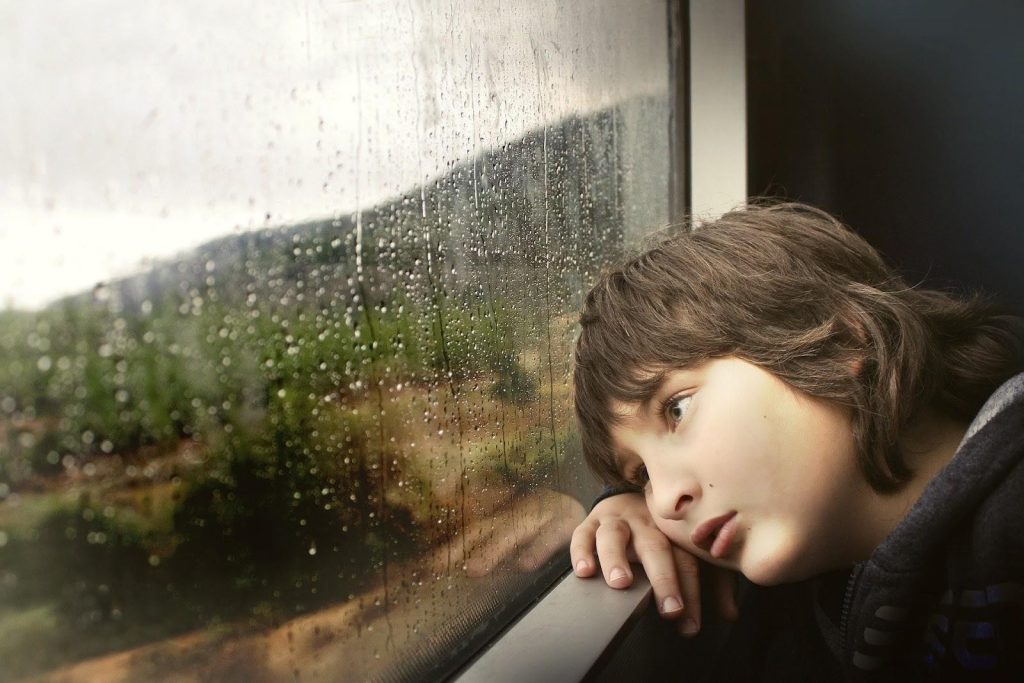 Enfant Aspi autiste asperger qui regarde à travers la fenêtre d'un train
